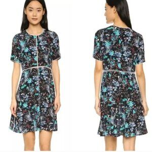 The Kooples Dress Womens Size Large Black Floral Silk Short Sleeve Midi